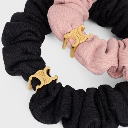 Celine Set of 2 Small Scrunchies in Polyamide, Elastane and Brass with Gold Finish