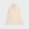 draped neck blouse with rhinestones in lightweight sablé