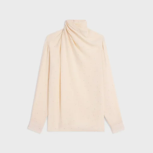 draped neck blouse with rhinestones in lightweight sablé