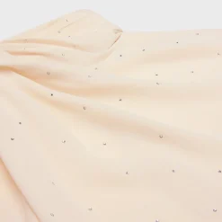 draped neck blouse with rhinestones in lightweight sablé