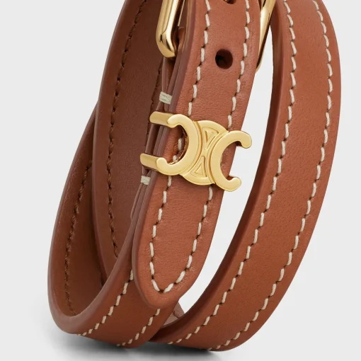 Les Cuirs Celine Double Bracelet in Calfskin and Brass with Gold Finish