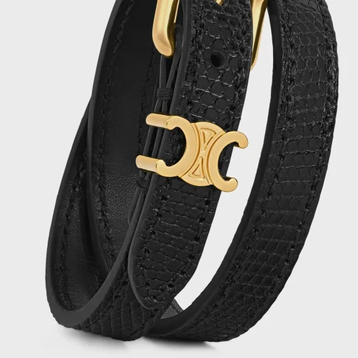 Les Cuirs Celine Double Bracelet in Lizard, Calfskin and Brass with Gold Finish