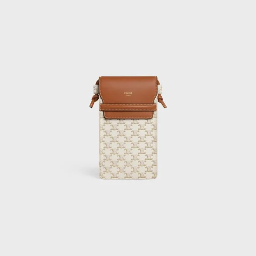 PHONE POUCH WITH FLAP in Triomphe Canvas and Lambskin