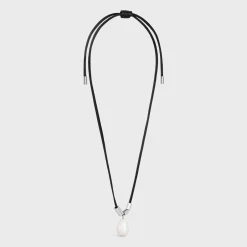 San Onofre Baroque Pearl Necklace in Cultured Pearl, Cotton and Brass with Rhodium Finish