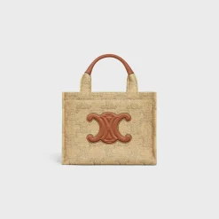 small cabas thais in raffia effect textile with triomphe jacquard