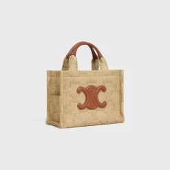 small cabas thais in raffia effect textile with triomphe jacquard