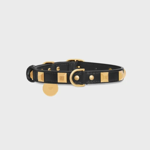 Thin Medium Dog Collar in smooth Calfskin with pyramid studs