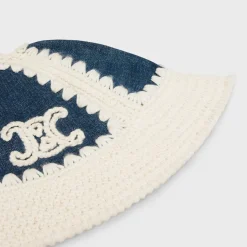 triomphe bucket hat in crocheted wool and denim