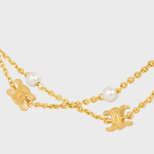 Triomphe Pearl Double Necklace in Brass with Gold Finish and Resin Pearls