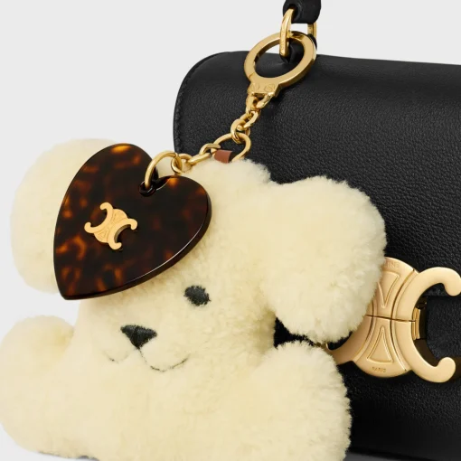 TRIOMPHE pom-pom keyring with heart in SHEARLING AND ACETATE with GOLD FINISHING
