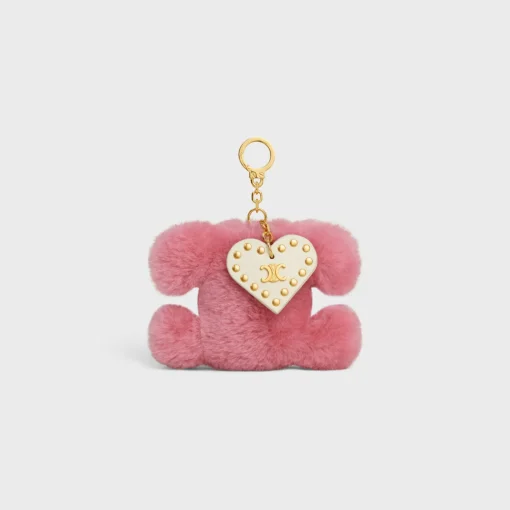 TRIOMPHE pom-pom keyring with HEART in SHEARLING AND CALFSKIN with GOLD FINISHING