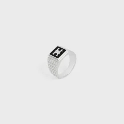 Triomphe Python Signet Ring in Onyx and Sterling Silver with Rhodium finish