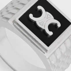 Triomphe Python Signet Ring in Onyx and Sterling Silver with Rhodium finish