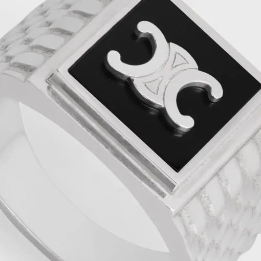 Triomphe Python Signet Ring in Onyx and Sterling Silver with Rhodium finish